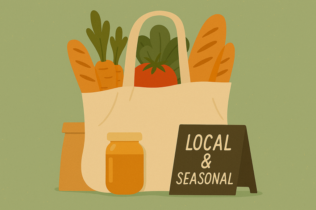 A reusable cloth shopping bag
Loose, seasonal vegetables (carrots, greens, tomato)
A loaf of bread and a glass jar
A small chalkboard sign reading “Local & Seasonal”
Soft, earthy colour palette (sage green, warm neutrals)
Clean, friendly illustration style that won’t date quickly