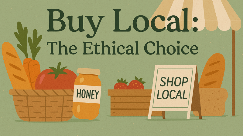 Baskets of seasonal produce (carrots, tomatoes, leafy greens) A loaf of bread and a jar labelled Honey A simple market stall or awning A small sign reading “Shop Local” Title text: “Buy Local: The Ethical Choice”