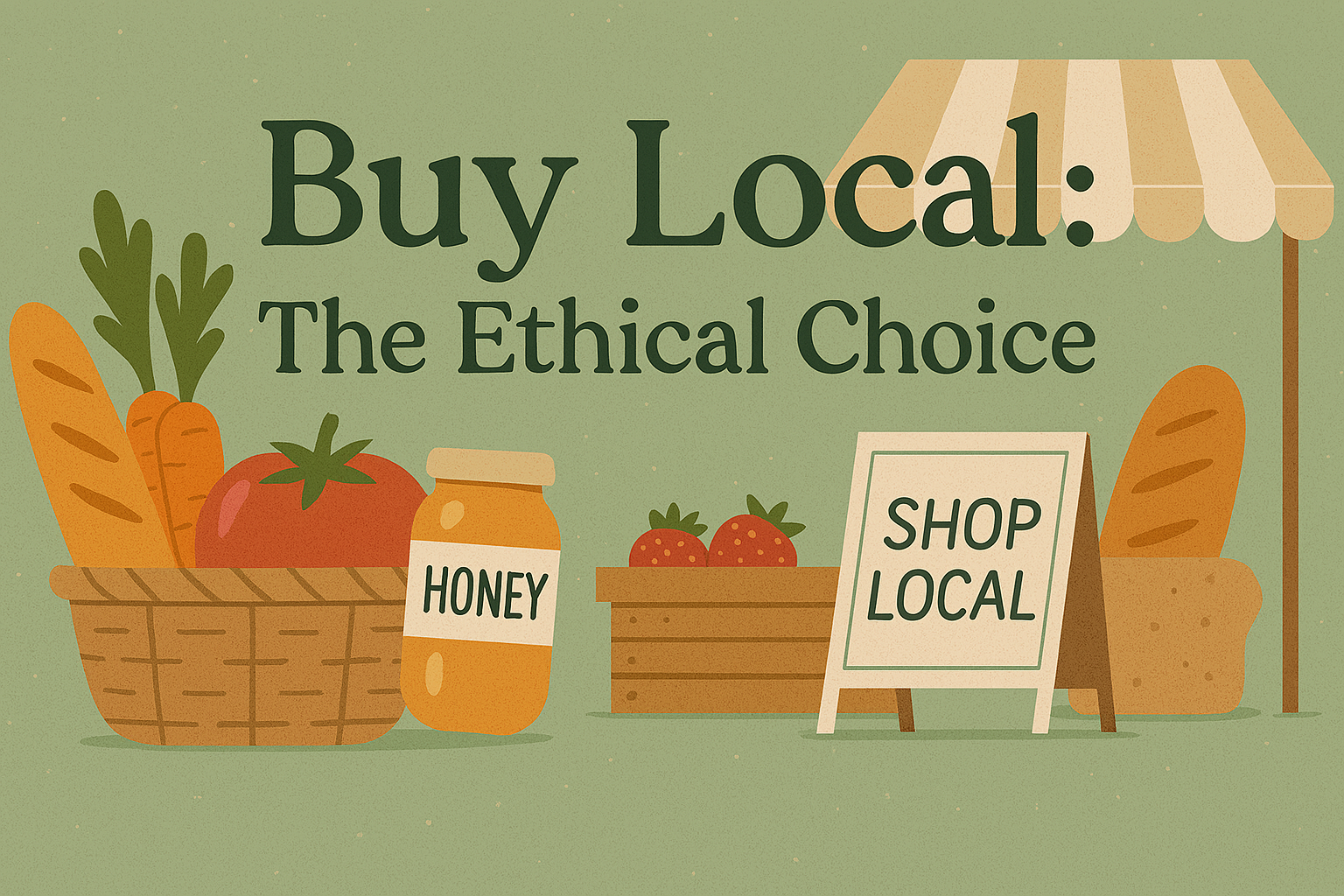 Baskets of seasonal produce (carrots, tomatoes, leafy greens) A loaf of bread and a jar labelled Honey A simple market stall or awning A small sign reading “Shop Local” Title text: “Buy Local: The Ethical Choice”
