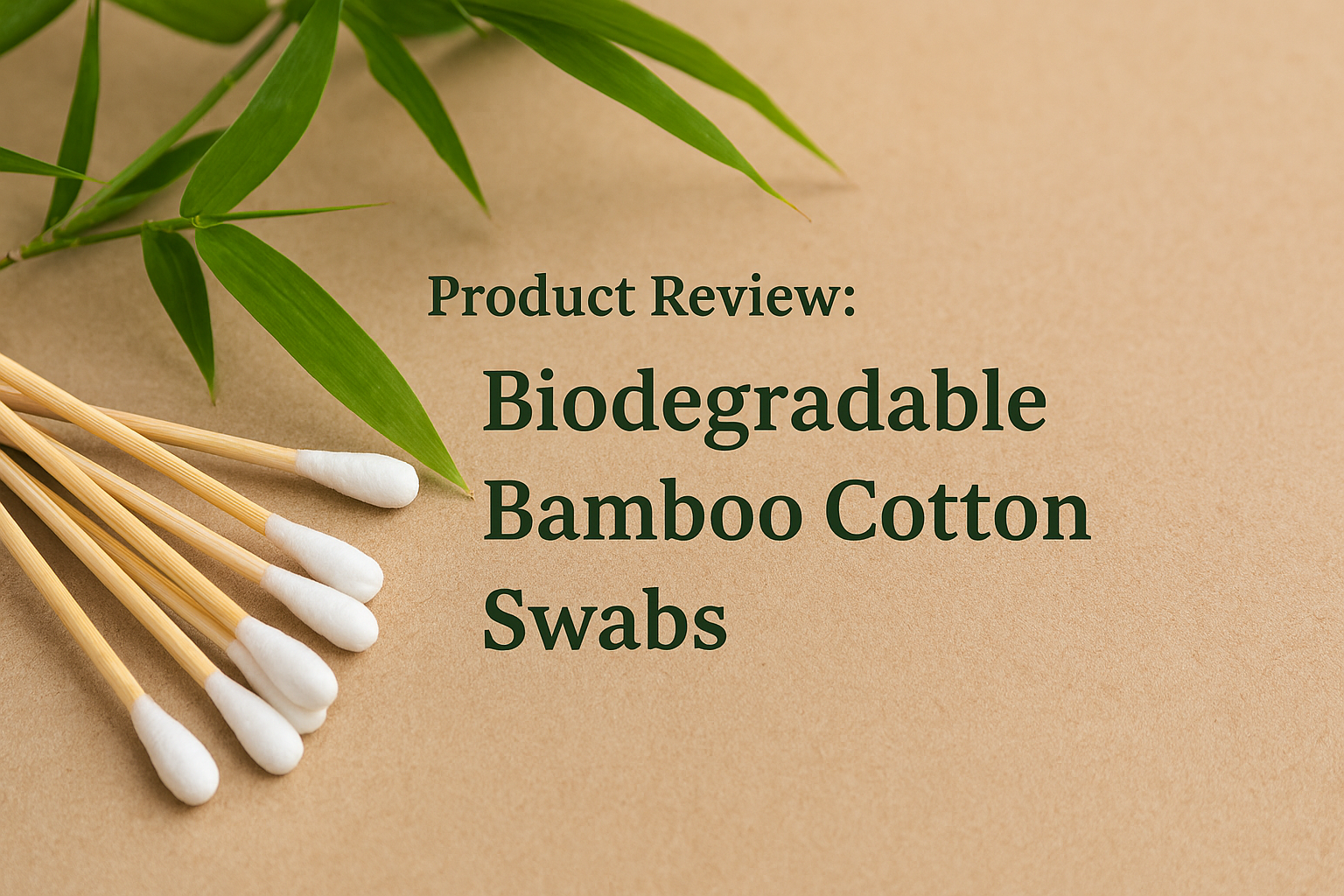 bamboo greenery and bamboo cotton swabs. Text reads Product Review: Biodegradable Bamboo Cotton Swabs