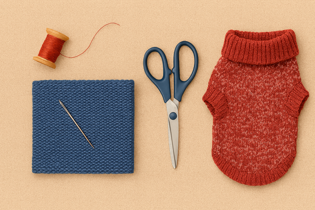 Sewing tools, fabric, and a finished up‑cycled dog jumper arranged on a neutral background.