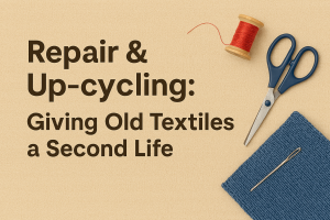Header image showing sewing tools and fabric with the text “Repair & Up‑cycling: Giving Old Textiles a Second Life” on a neutral background.