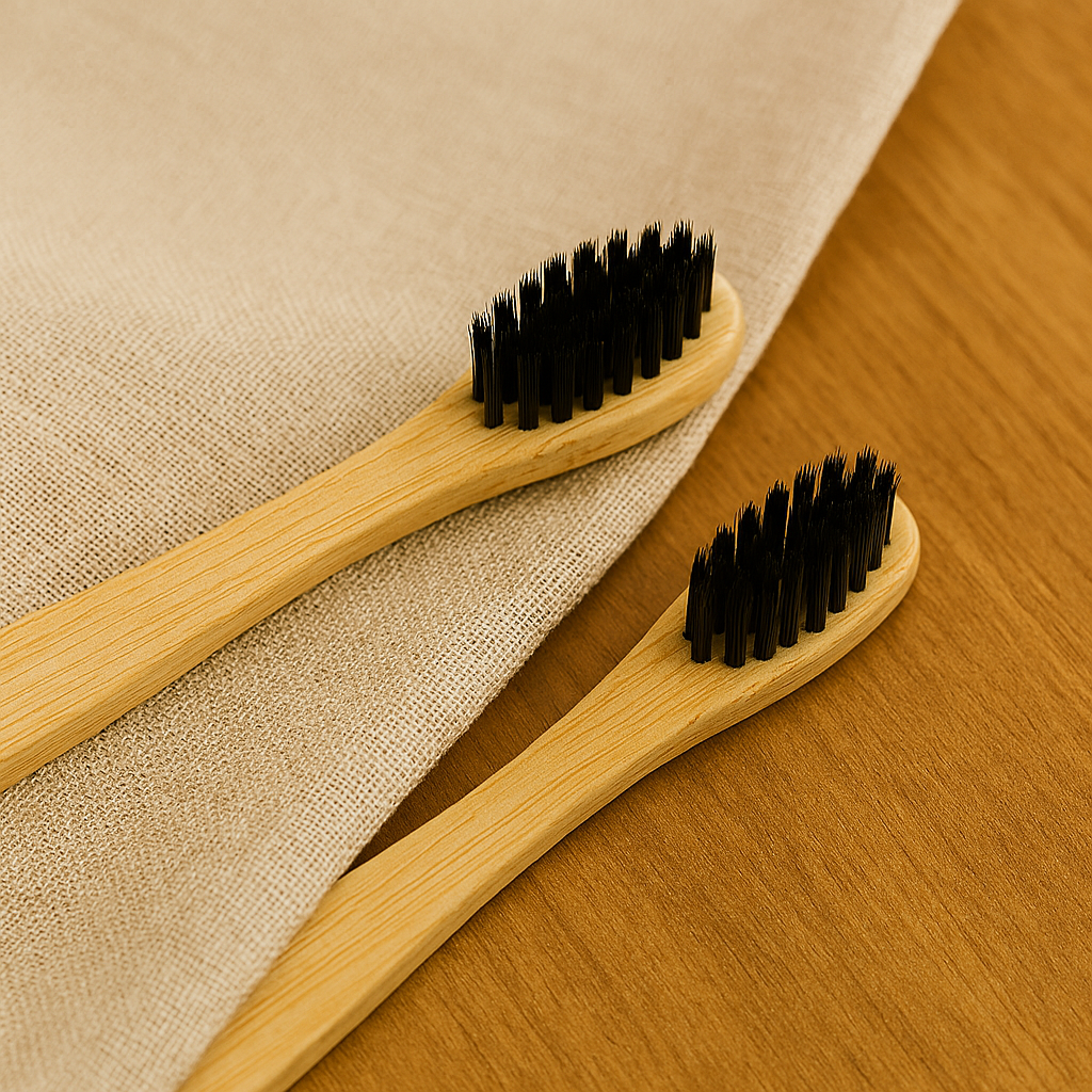 Bamboo toothbrushes with black charcoal bristles resting on natural linen fabric and a wooden surface