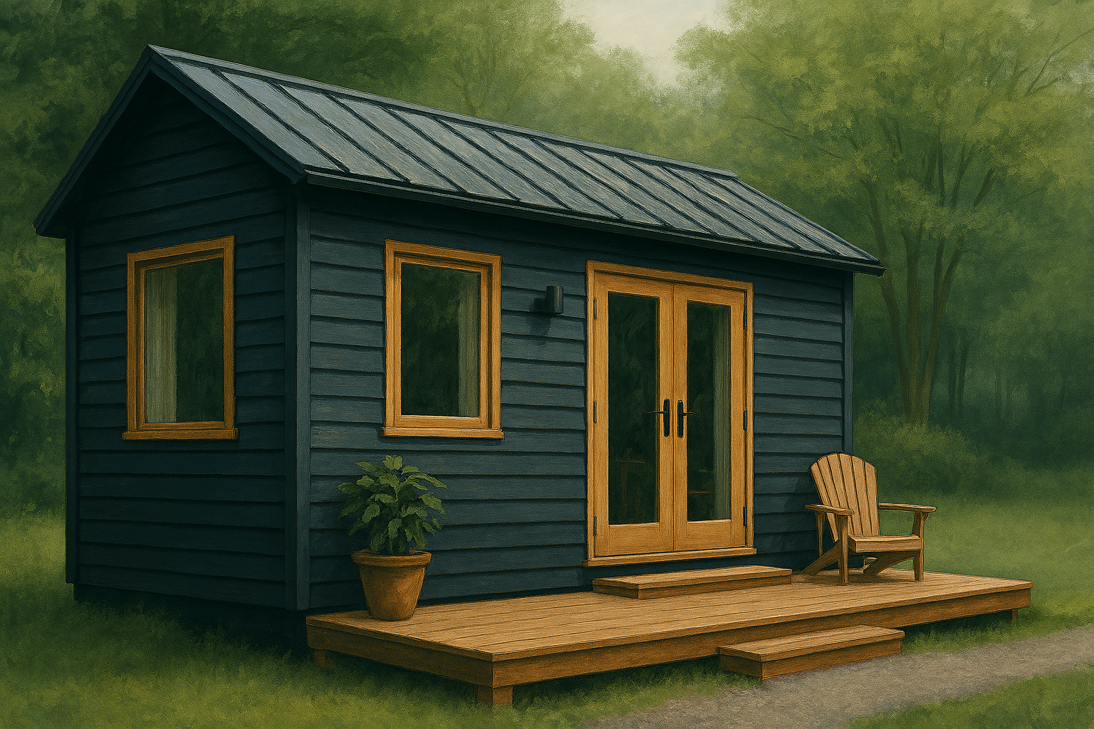 A small, modern tiny home in a green British setting (woodland or rural edge), muted colours, calm and reflective.