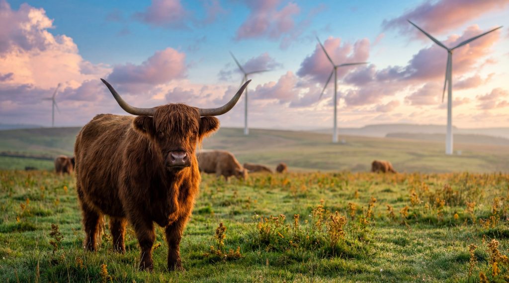 Majestic Highland cow stands in a field with wind turbines silhouetted against a beautiful sunset sky