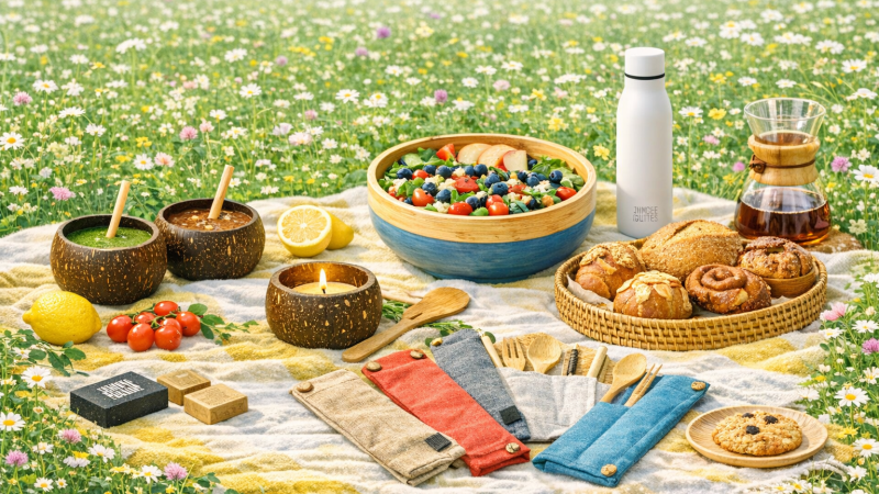 Low-Waste Picnic Kit. in a field of wild flowers, featuring a variety of plastic free and sustainable cutlery, crockery and utensils.