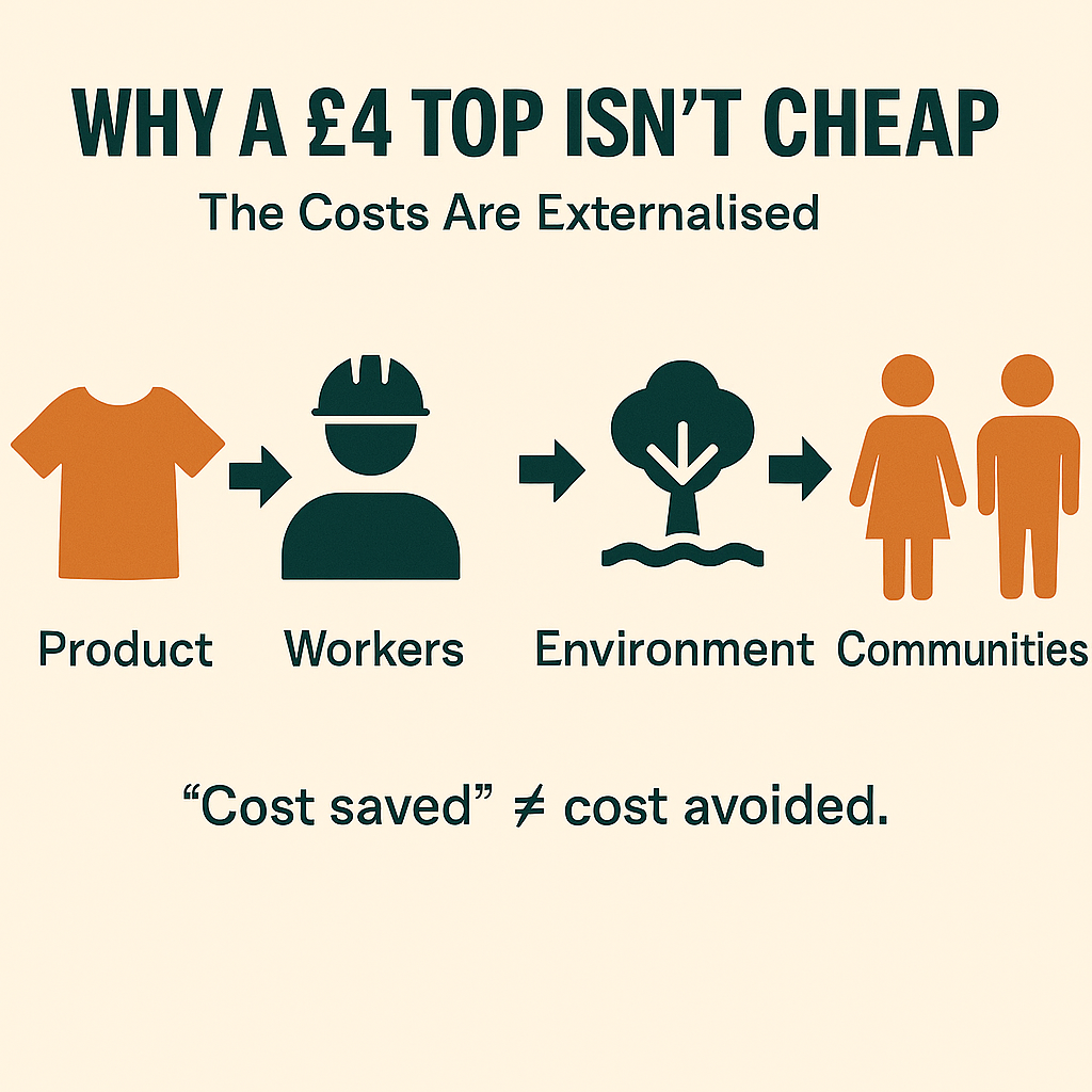 Why £4 is not cheap: The costs are externalised. When you buy the product there is a knock on effect on the workers, the environment and communities. Thee 