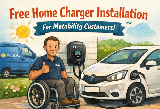 Free Home Charger Installation for Motability Customers! A wheelchair user happily charging their car.