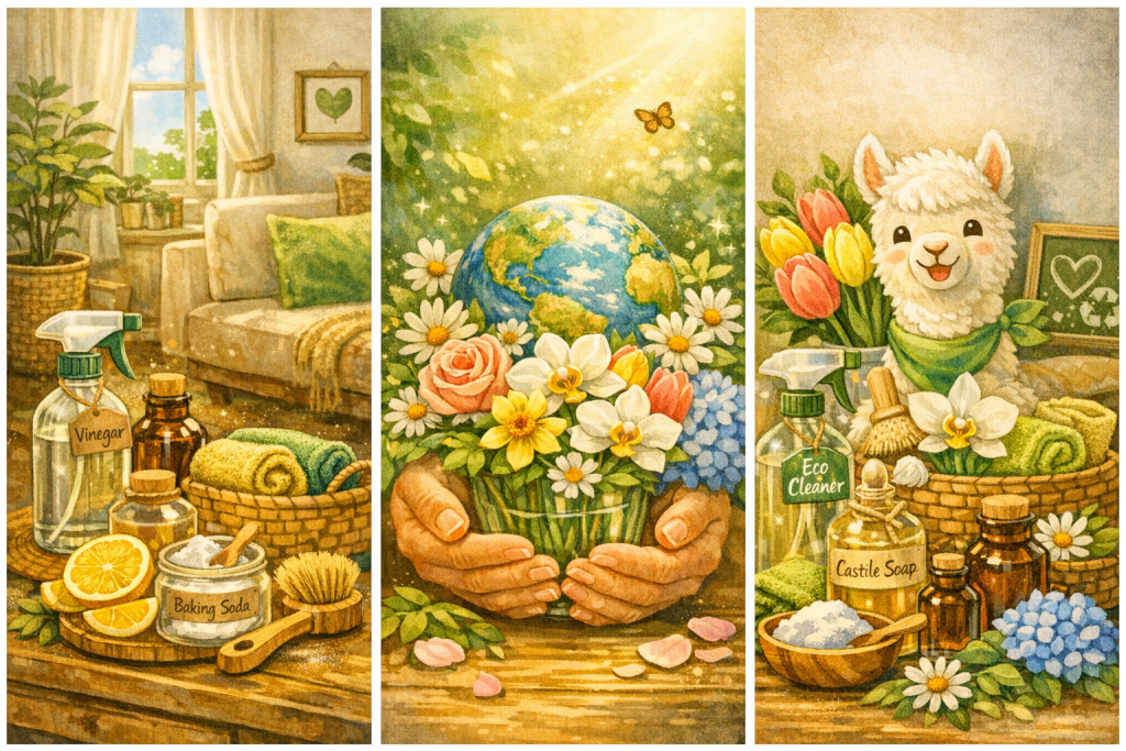 3 images. A Sunlit living room with wicker basket, glass bottles, towels, and houseplants on a wooden coffee table. Hands holding a globe surrounded by daisies, lemons, and eco cleaning supplies under warm sunlight. White llama wearing a green bandana surrounded by eco cleaning supplies, flowers.