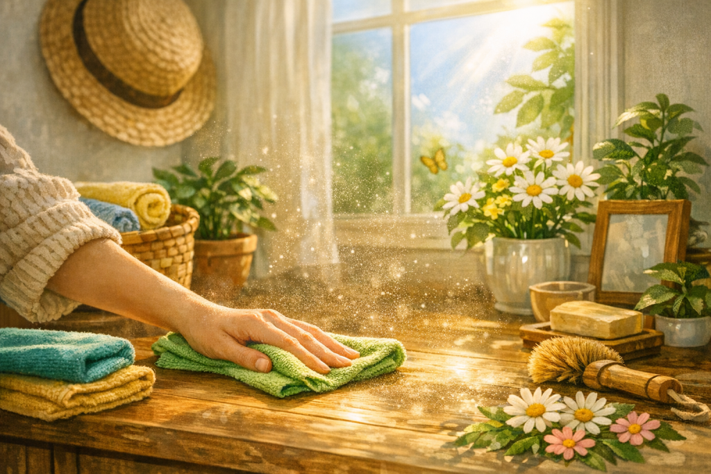 Hand wiping a wooden surface with a green microfiber cloth in sunlight, surrounded by eco cleaning tools and plants.