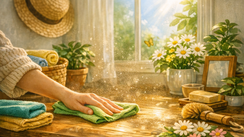 Hand wiping a wooden surface with a green microfiber cloth in sunlight, surrounded by eco cleaning tools and plants.