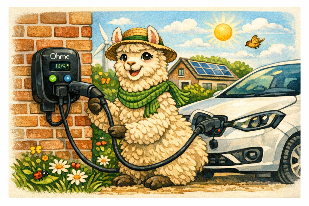 The Zero Waste Llama is charging an electric car, in a residential setting.