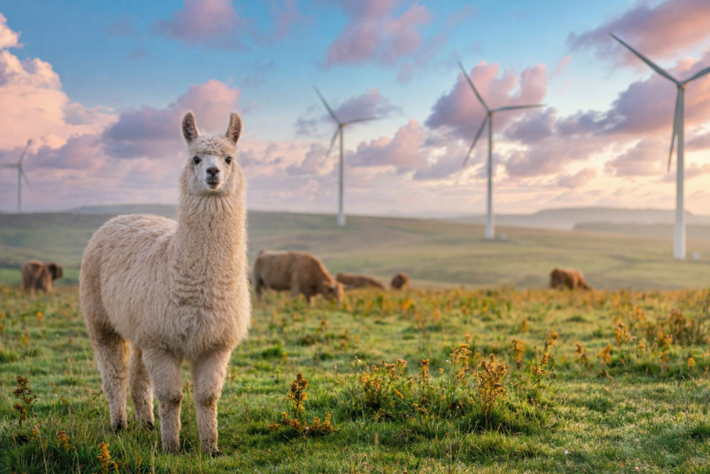 Majestic Llama stands in a field with wind turbines silhouetted against a beautiful sunset sky