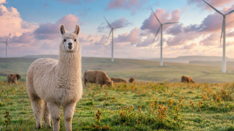 Majestic Highland cow stands in a field with wind turbines silhouetted against a beautiful sunset sky