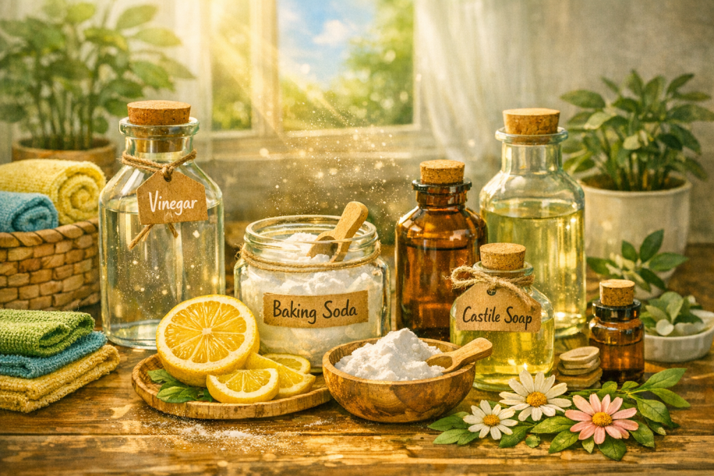 Flat lay of natural cleaning ingredients including vinegar, baking soda, lemon, and Castile soap on a wooden table.