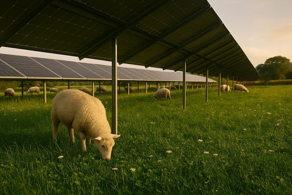View from underneath solar panels
Sheep grazing in clover or long grass
Sunlight filtering through panel gaps
No buildings, no people, no fences dominating

