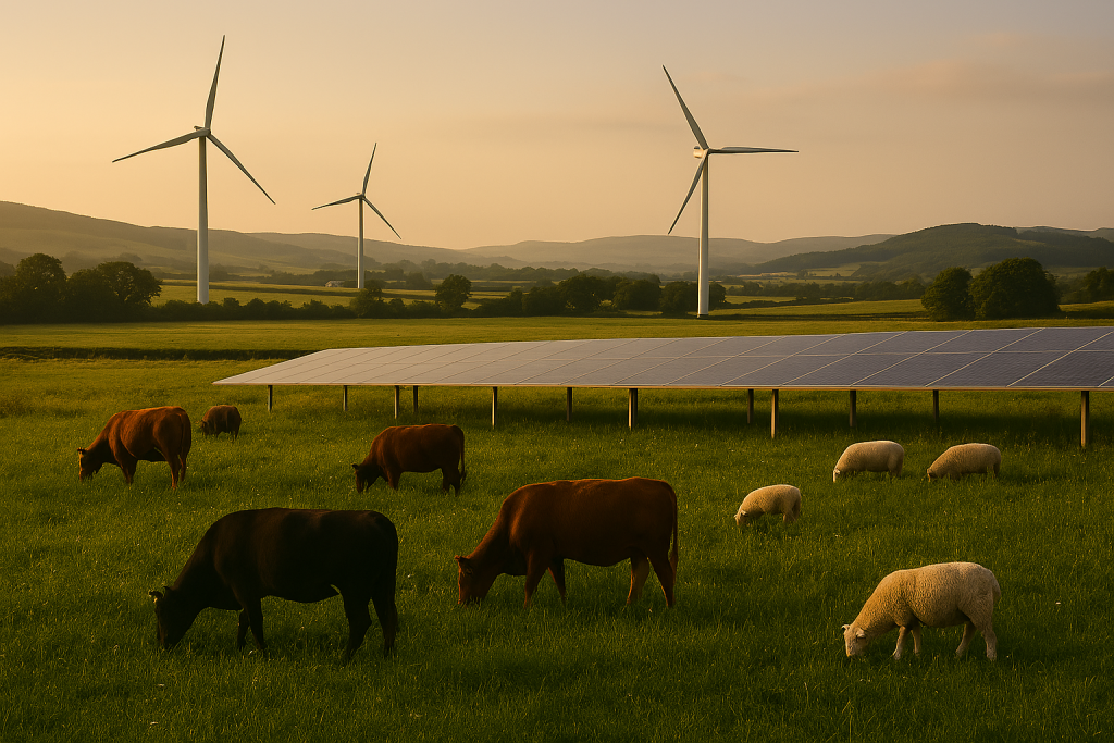 Wind turbines and solar panels in open farmland with grazing animals.  