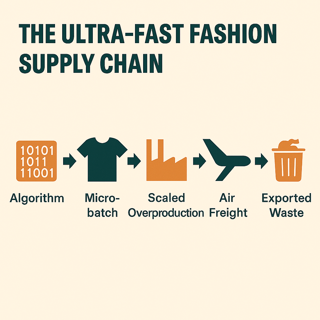 The Ultra Fast Fashion Supply Chain: Algorithm to micro-batch to scaled production to air freight to exported waste.