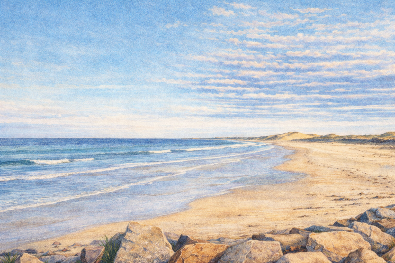 Fraserburgh Beach, on a bright day, with a blue sky and few clouds