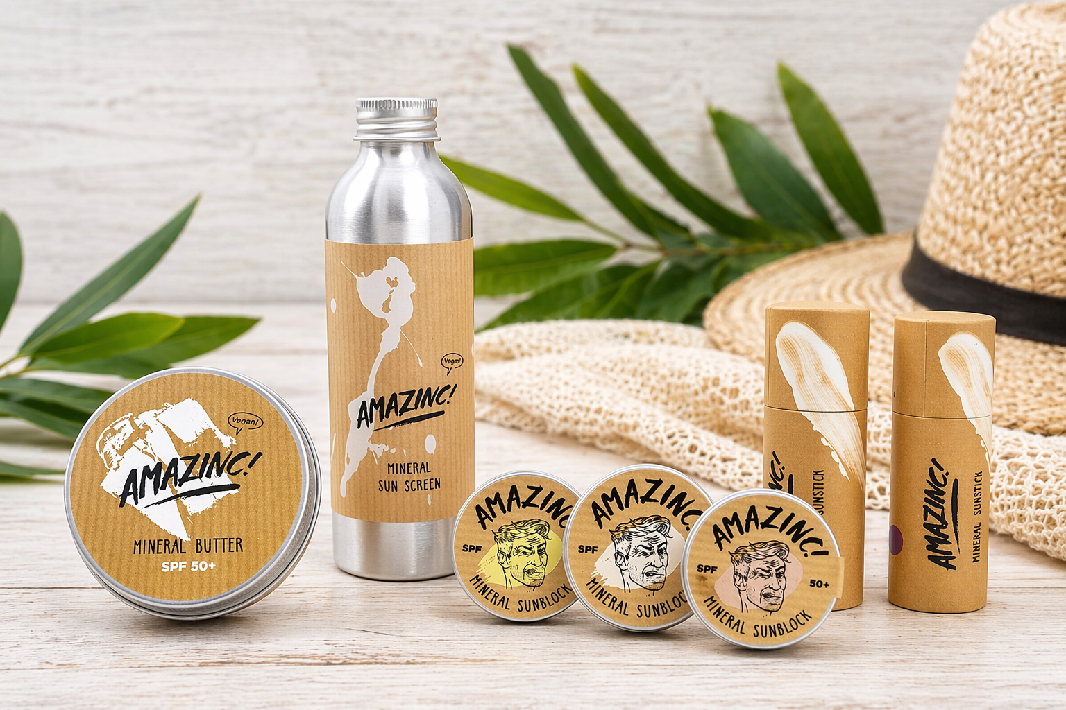Some of the Amazinc! sun products available, presented on a neutral background.