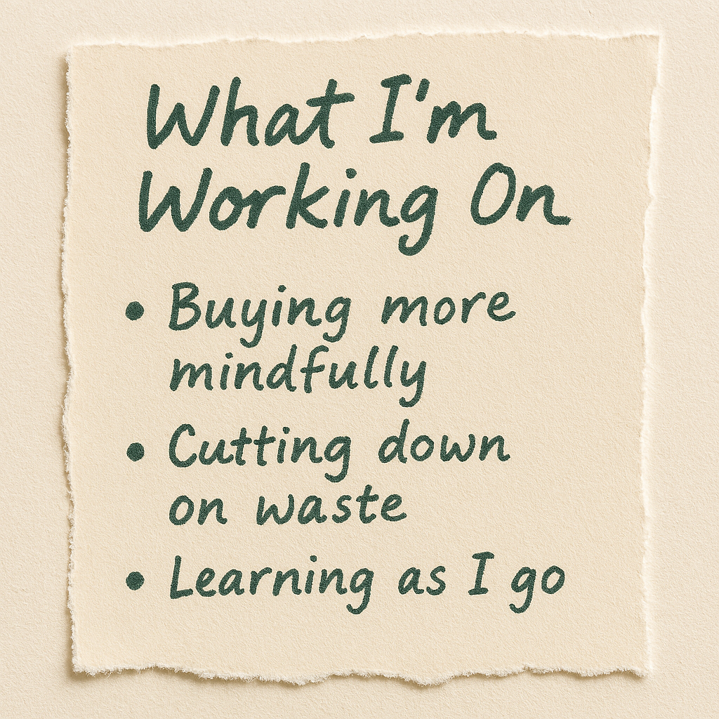 What I'm Working On: A list of:
Buying more mindfully, Cutting down on waste and Learning as I go.