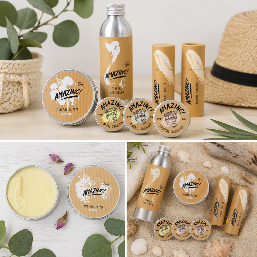 Some of the Amazinc! sun products available, presented on a neutral background.