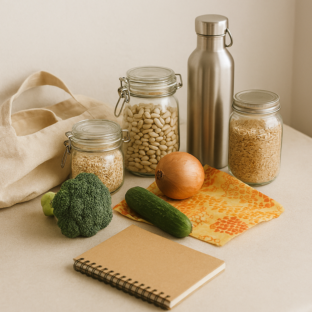 A variety of refillable jars containing beans and pulses, some vegetables, a reusable cloth, a flask and an eco notebook.