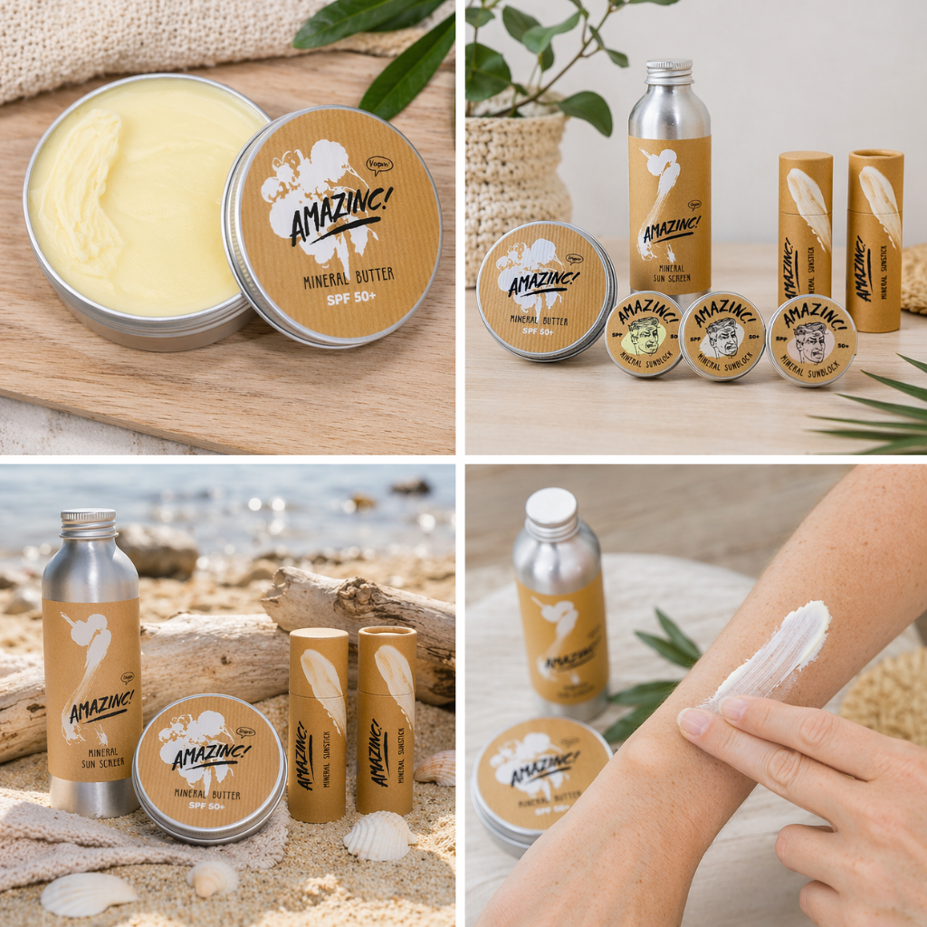 Some of the Amazinc! sun products available, presented on a neutral background.