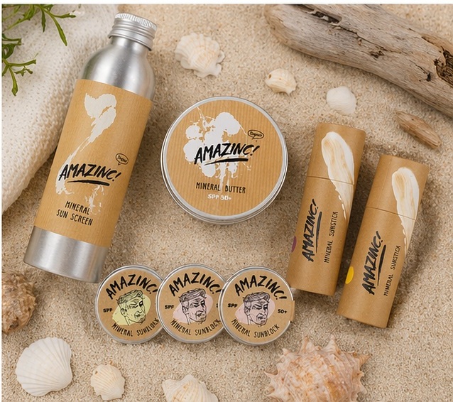 Some of the Amazinc! sun products available, presented on a neutral background.