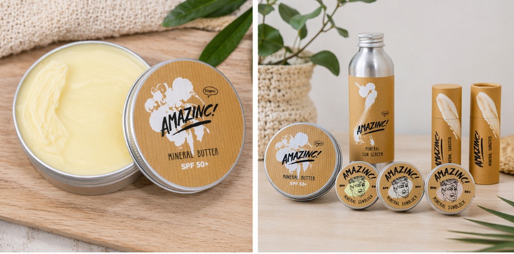 Some of the Amazinc! sun products available, presented on a neutral background.