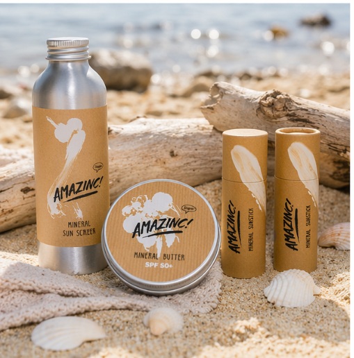 Some of the Amazinc! sun products available, presented on a neutral background.