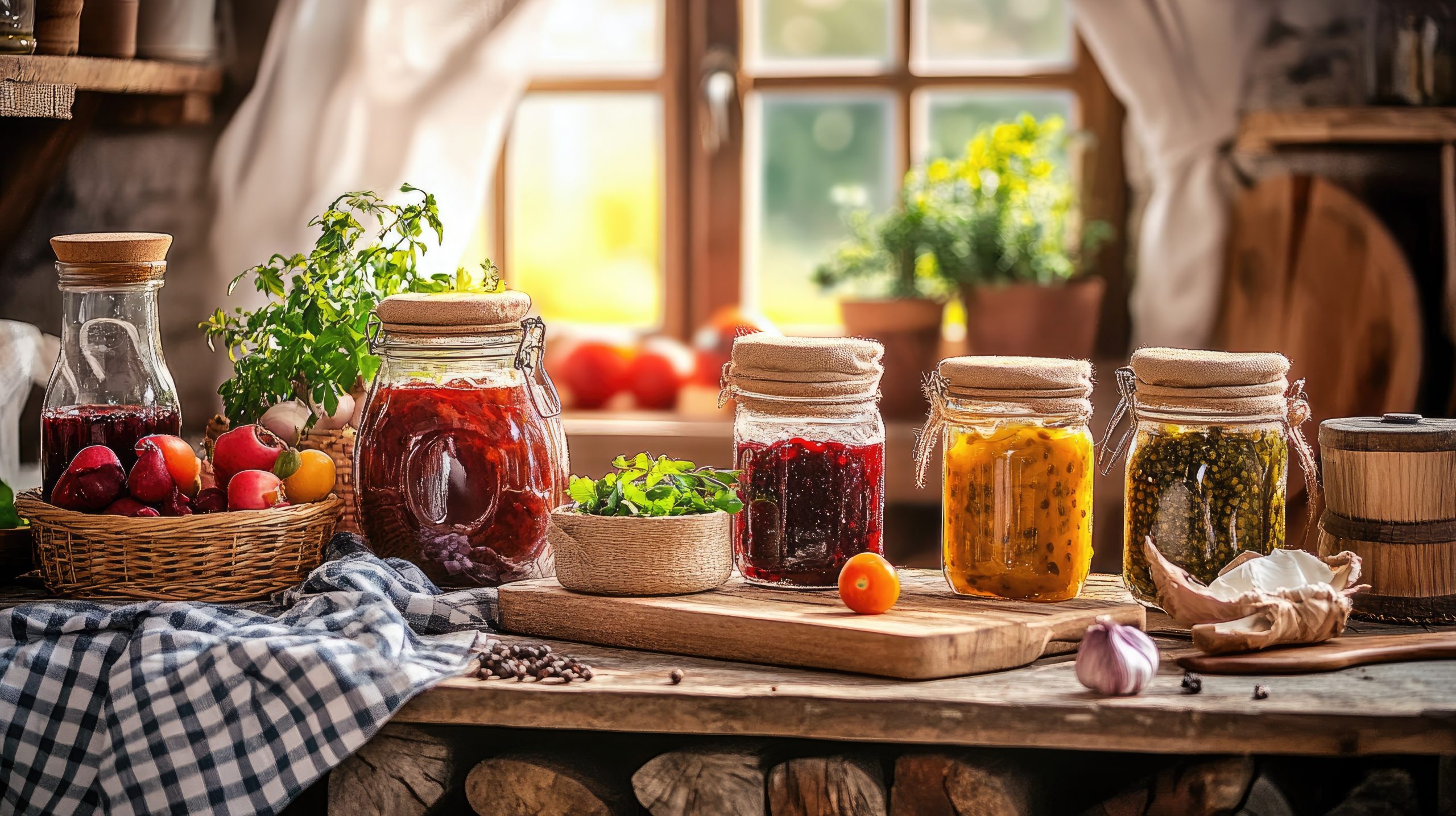 A cozy home kitchen with jars of homemade pickles, chutneys, and jams displayed on a countertop with fresh ingredients scattered nearby