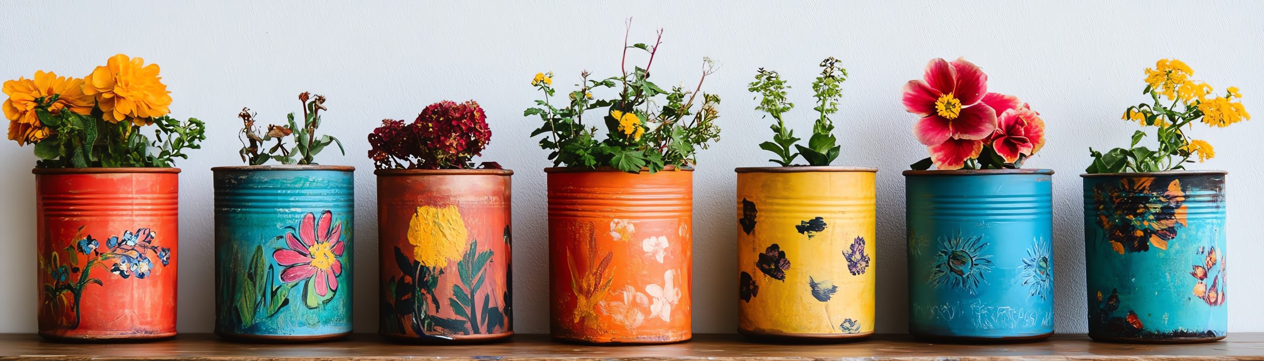 Colorful hand-painted tin cans creatively transformed into vibrant flowerpots, showcasing unique designs for indoor and outdoor decor.