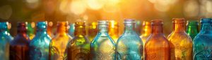 Recycled glass bottles in artful display, golden hour, close perspective, beauty in repurposing, detailed